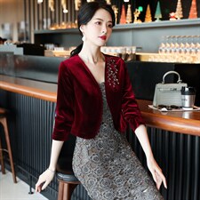 春秋金丝绒小外套女收腰显瘦修身超短款旗袍披肩开衫外搭短外套潮，女装短外套，婵米儿