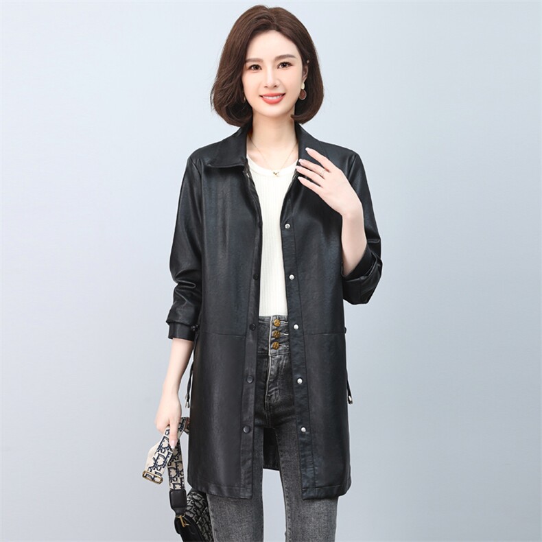 皮衣外套女小个子高级感中长款皮夹克春秋季新款中年妈妈时尚上衣,女装皮衣,希欧阁