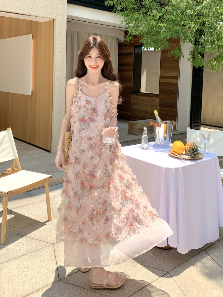 甜美木耳边粉色碎花网纱吊带连衣裙女夏2025新款简单大方超火长裙,女装连衣裙,浙宝128A