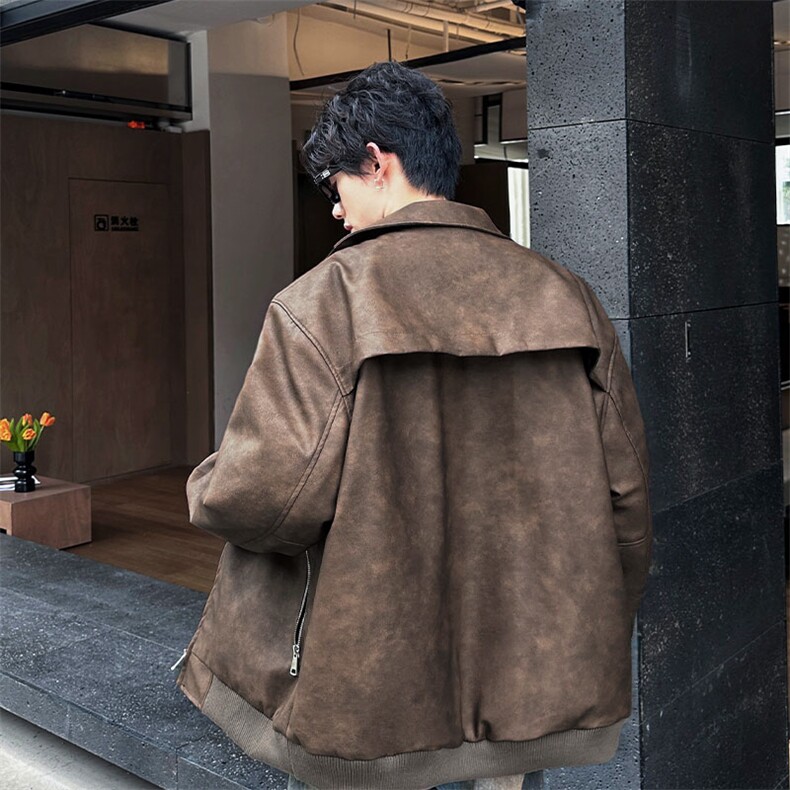 得物品质秋冬加棉加厚美式拉链设计感高街皮衣常规P100加棉P110,男装皮衣,电商B319