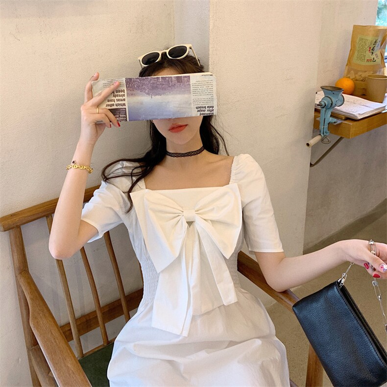 夏装新款法式收腰显瘦仙蝴蝶结初恋小白裙 012-Q574图片
