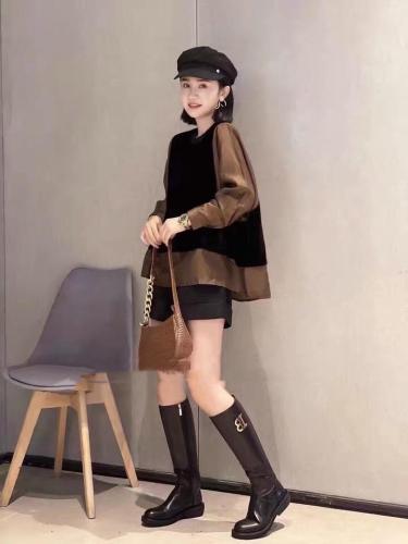 DG826洋气拼接丝绒假两件衬衫,女装衬衫,L·H·X
