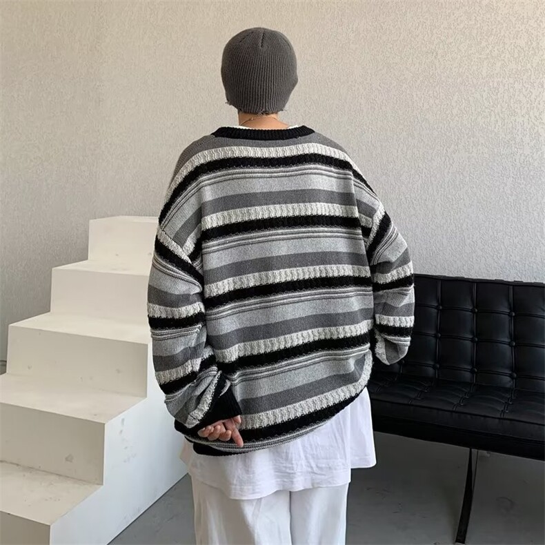 条纹毛衣男秋冬ins宽松日系打底针织衫外套复古慵懒美式M9976P40,男装针织衫/毛衣,星座1116-2
