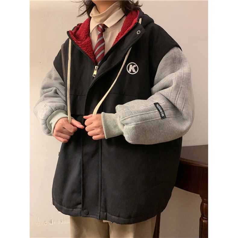 羊羔毛衣男冬季加绒加厚插肩袖宽松连帽服拼接设计感袄外套,男装棉衣,星座302B-2