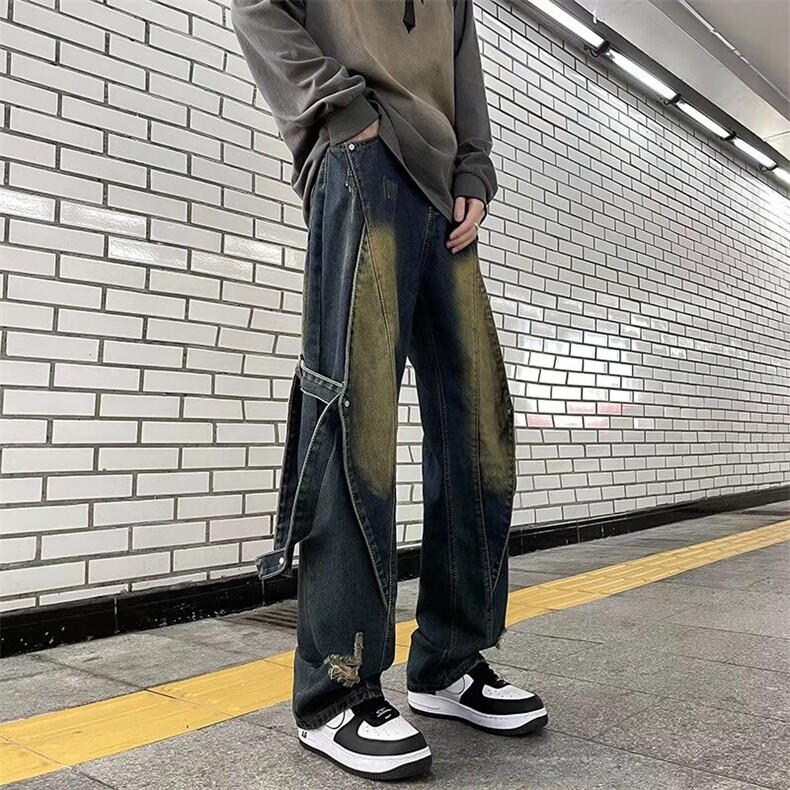 美式高街Vibe复古重工做旧牛仔裤男拼接直筒阔腿长裤K9150-P58,男装牛仔裤,星座1109-3