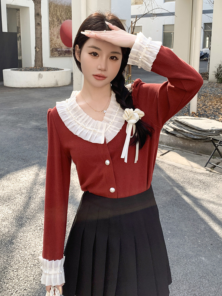 针织花边长袖上衣女春秋红色衬衫时尚修身显瘦设计感2025新款百搭,针织衫/毛衣,鑫慧
