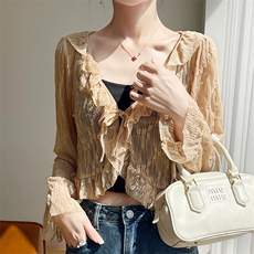 时尚薄款网纱木耳边系带开衫女洋气小香风外搭小披肩休闲防晒罩衫，女装蕾丝衫/雪纺衫，圣丽羊绒