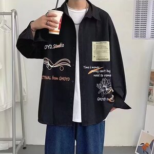 美式复古涂鸦设计感长袖衬衫男生秋季潮流休闲宽松青少年痞帅外套图片