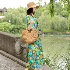 2024年夏季时尚印花收腰显瘦气质优雅潮流舒适连衣裙，女装连衣裙，伊航服饰