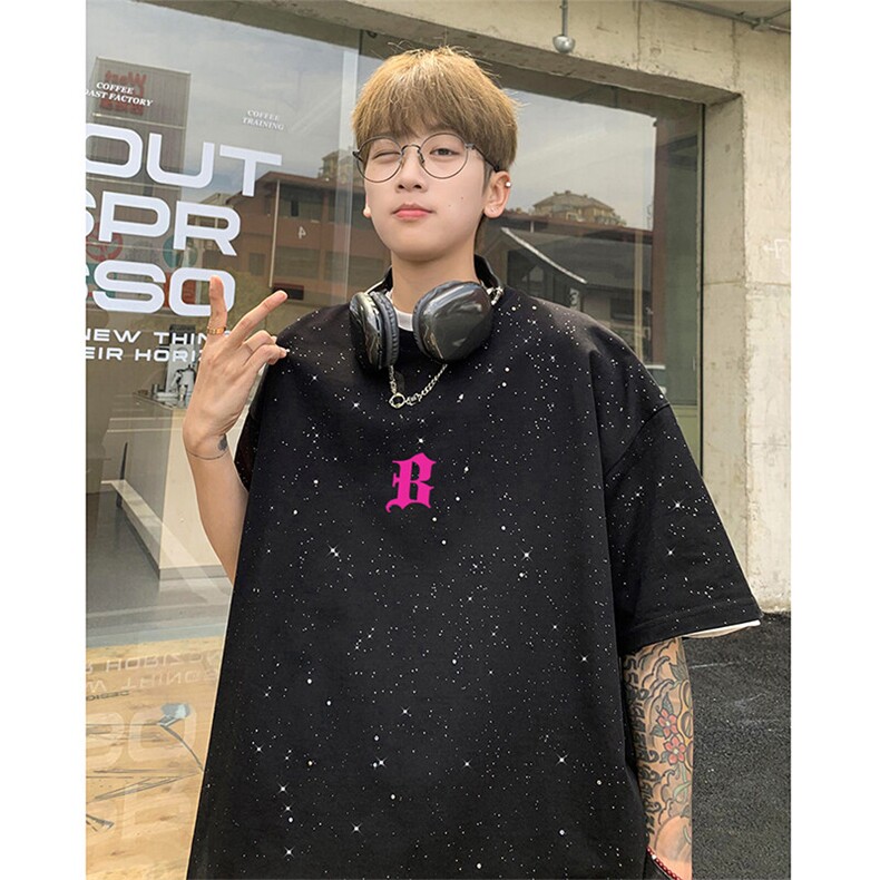 可48小时发货支持抖音得物来样二开 美式满天星亮片短袖T恤MTX658图片
