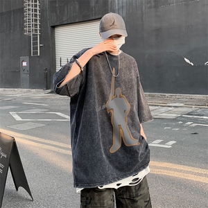 B239-1065-P38 重磅 美式复古水洗做旧 抽象立体印花 宽松短袖T恤图片