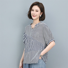 时尚条纹宽松短袖衬衫女夏季新款韩版百搭显瘦上衣休闲女装，女装衬衫，叶笙衣