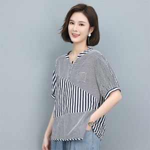 时尚条纹宽松短袖衬衫女夏季新款韩版百搭显瘦上衣休闲女装图片