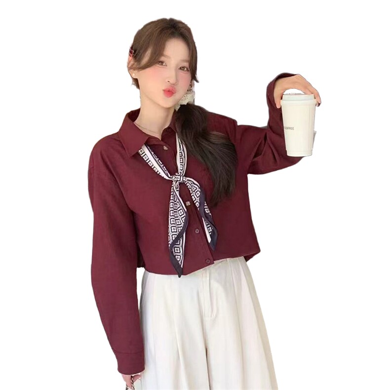 休闲气质丝巾衬衫2025年秋短款外套时尚百搭宽松长袖上衣女,女装衬衫,2C229