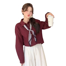 休闲气质丝巾衬衫2025年秋短款外套时尚百搭宽松长袖上衣女，女装衬衫，2C229