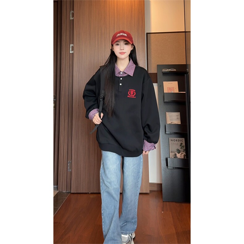 美式学院刺绣翻领假两件卫衣男女 cp199-特p55图片