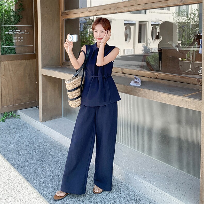 老钱风通勤穿搭系带无袖上衣配阔腿裤套装女夏2025新款减龄两件套,女装套装/套裙,2C022