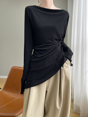 羊范法式优雅设计感醋酸显瘦上衣女一字领坑条修身打底不规则长袖，女装蕾丝衫/雪纺衫，优麦羊绒（原洪叶羊绒）