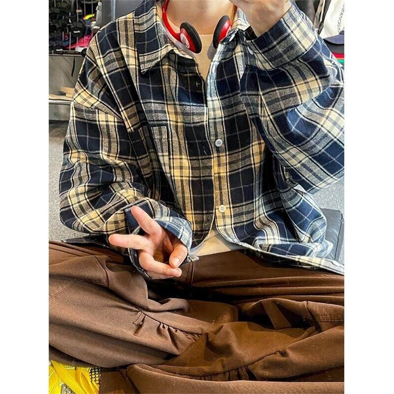 特批P30无差价2025秋格子翻领长袖衬衫男女中性潮流大码衬衣C5450图片