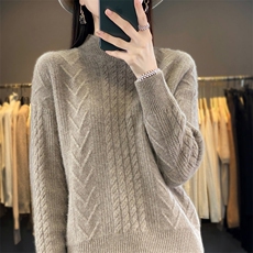 秋冬新款100%纯羊毛衫女半高领扭花加厚毛衣宽松羊绒衫针织打底衫，女装羊毛衫，琳华羊绒