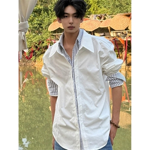 美式白色条纹撞色假两件衬衫男款夏季痞帅衬衣外套 CA6756图片