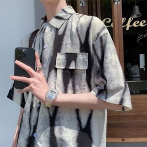 扎染衬衫男短袖夏季薄款痞帅五分袖衬衣日系复古宽松外套S67-P35图片