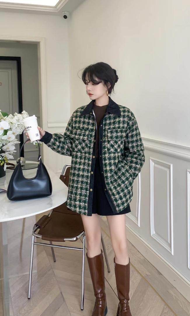 爱美欧，现货，格子撞色衬衣羽绒服，女装羽绒服，爱美欧