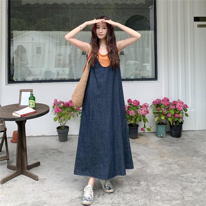2025夏款韩版休闲极简时尚宽松遮肉无袖背心连衣裙女假两件长裙潮图片