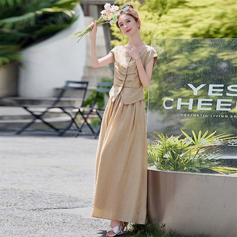 莱赛尔天丝套装裙女夏装2025新款显瘦短袖上衣+半身裙两件套套裙,女装套装/套裙,米雪儿