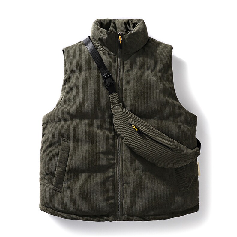 冬季灯芯绒棉马甲男日系复古加厚立领棉服情侣外套配挎包8516-P70,男装棉衣,电商B306