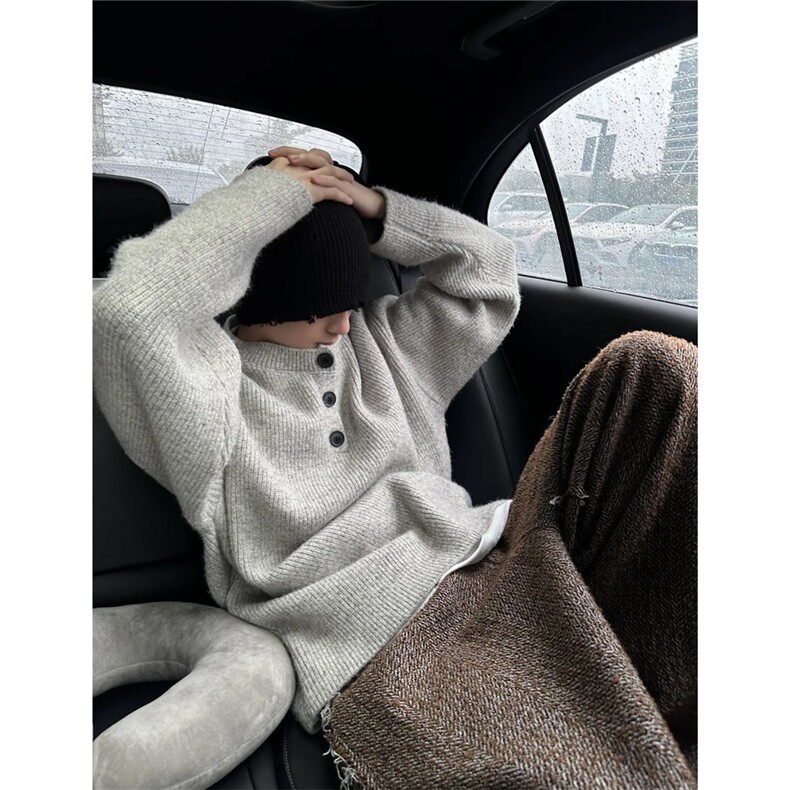 秋冬复古百搭重磅针织衫慵懒风亨利领纽扣毛衣男女外套L50100-p55,男装针织衫/毛衣,星座1008