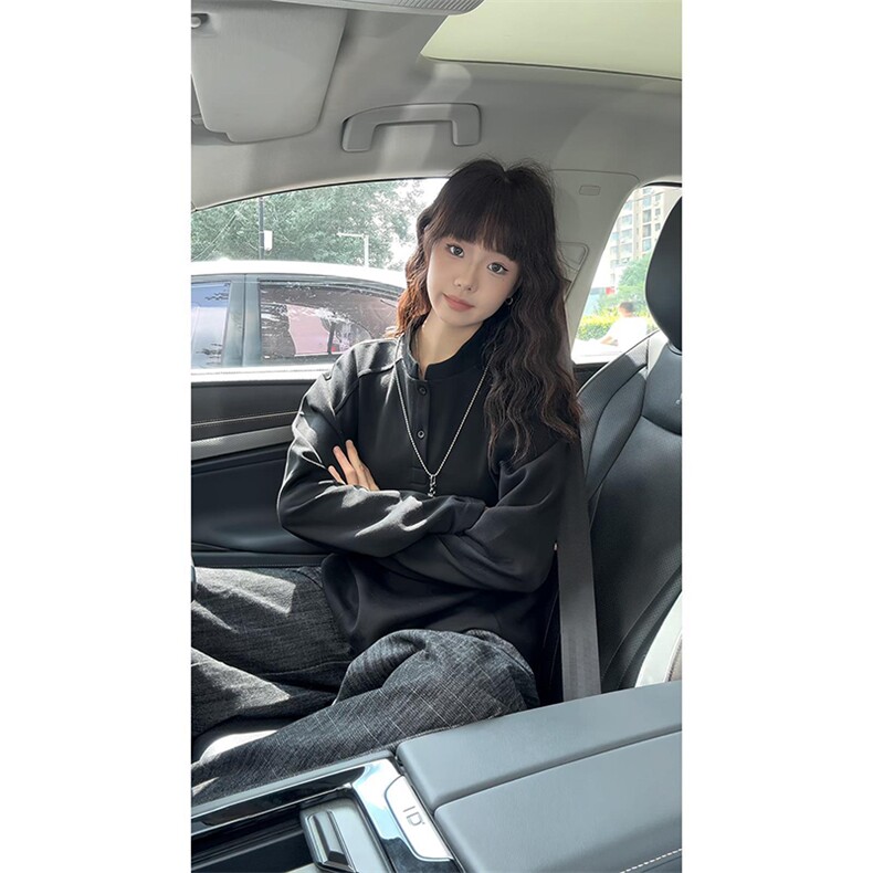 抖音得物品质美式高街重磅曼巴棉拼接cleanfit亨利领卫衣长袖T恤,男装T恤,电商A486-1