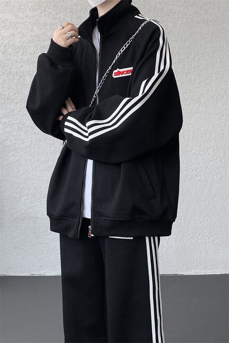 8XL-M条纹撞色开衫新年红卫衣运动套装潮牌运动服校园风TZ114P118,男装休闲套装,电商D206-1