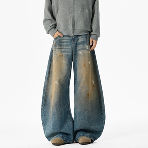 美式复古水洗做旧泼墨牛仔裤潮流宽松休闲阔腿裤,女生夏天穿搭夏季图片