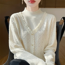 2025年秋季新款百搭女士假两件针织开衫，女装针织衫/毛衣，百色羊绒