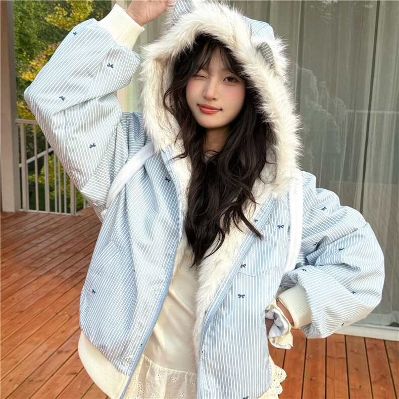 1506A/G36230/P99韩系可爱甜美蓝色毛领连帽棉服女冬季,男装棉衣,星座1506A