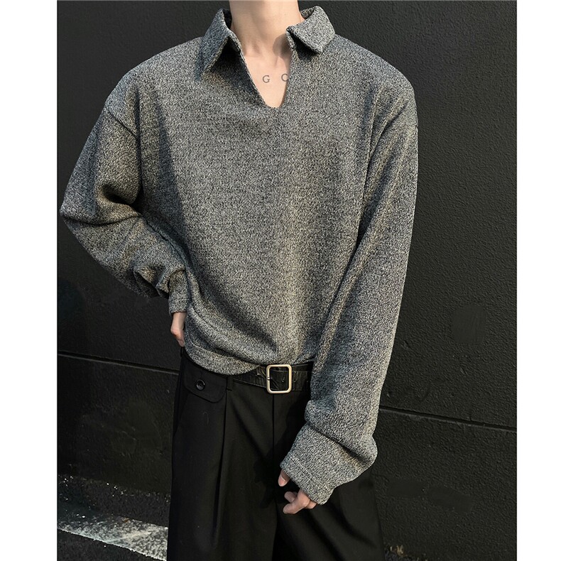 深灰色老钱风V领长袖T恤男款美式复古潮牌卫衣麦穗纹肌理感打底衫，男装Polo衫，电商A341