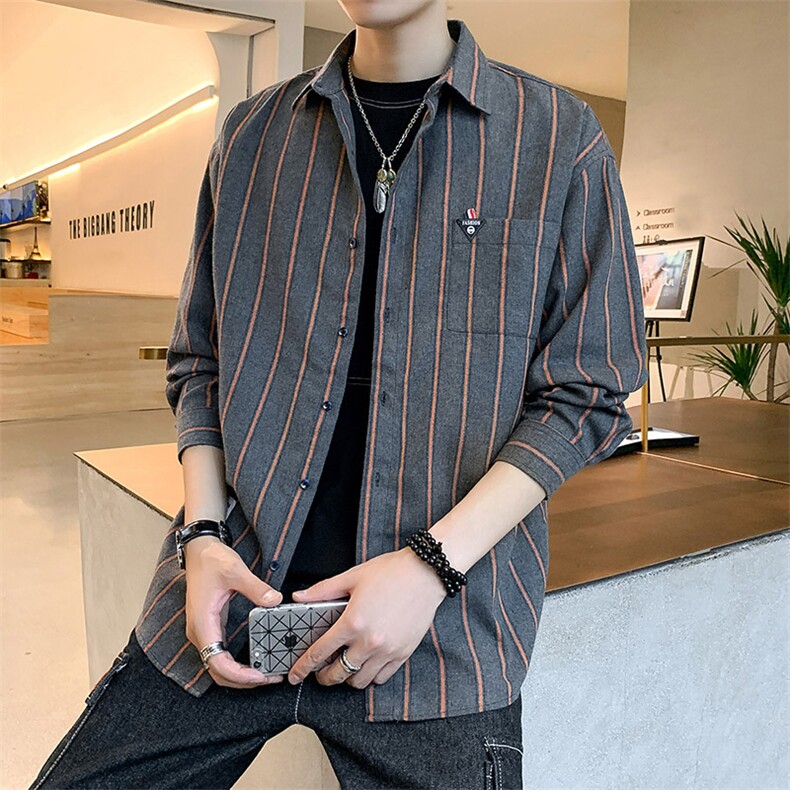 2021春季新款男士衬衫条纹长袖休闲衬衣上衣DT图片