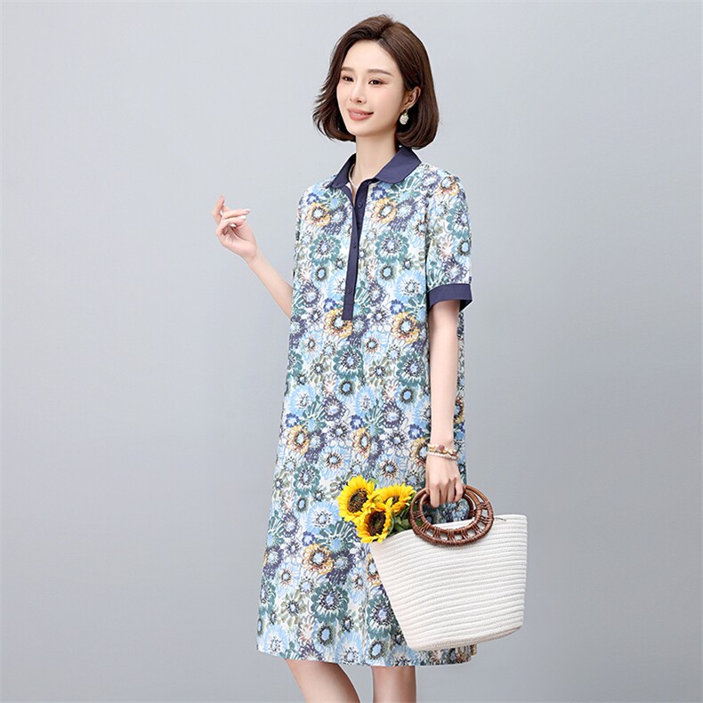 现货2025年夏文艺优雅印花休闲连衣裙,女装连衣裙,依恋蒂丝