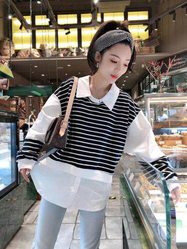 一杭翻领条纹假两件，女装，一杭