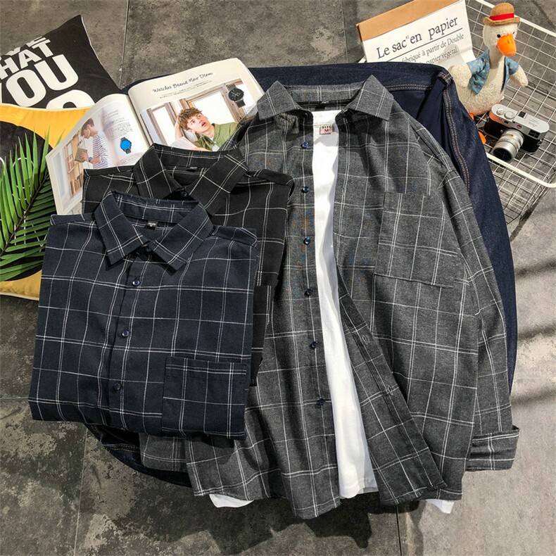 秋季新款格子衬衫男士韩版潮流宽松衬衣外套长袖DF04T,男装衬衫,电商A102