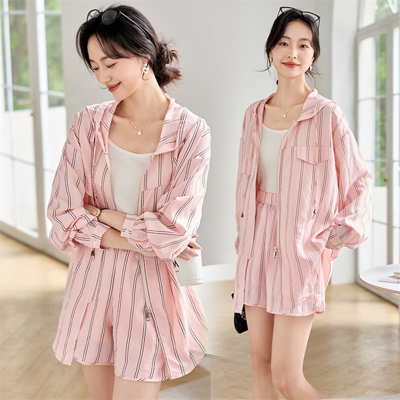 条纹连帽中长款宽松轻薄休闲衬衣真两件套女2024夏季新款洋气套装，女装套装/套裙，安之芮娜