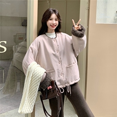 粉色圆领松弛感休闲减龄派克服女秋冬2025新款加厚加绒羊羔毛外套，女装派克服，2C159