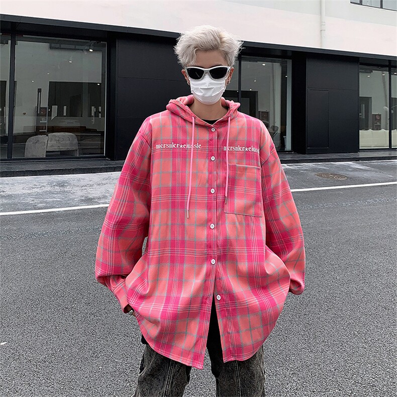 美式街头连帽格子长袖男女衬衫宽松百搭情侣外套潮CS01378-P43,男装衬衫,星座308B-1