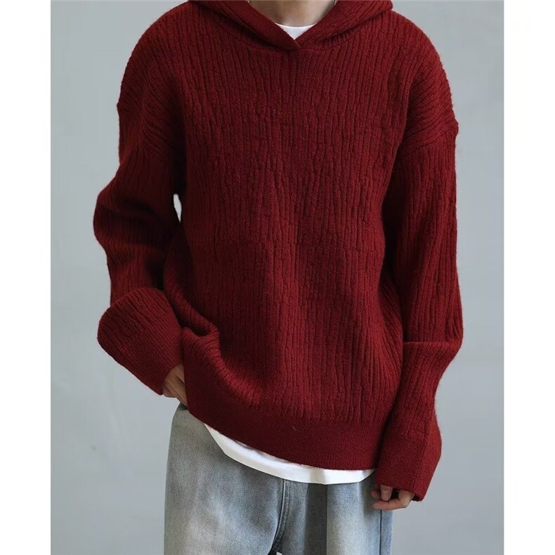 2026春新款红色连帽套头毛衣洋气针织衫宽松外穿上衣V23-P63网图，男装针织衫/毛衣，电商B245