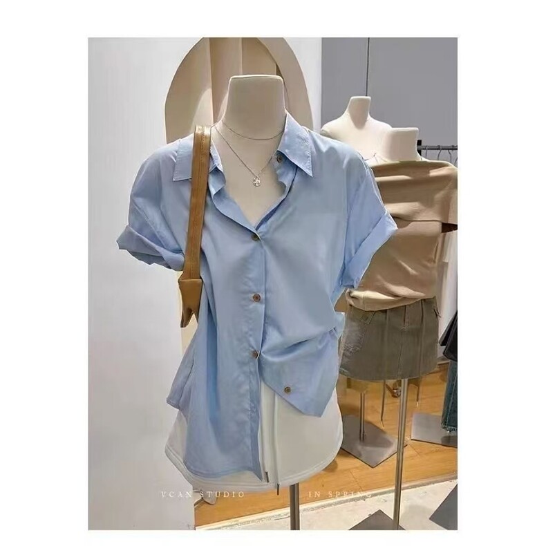 蓝色纯棉短袖衬衫女夏季新款小个子韩版宽松休闲百搭衬衣,男装衬衫,星座1210-1