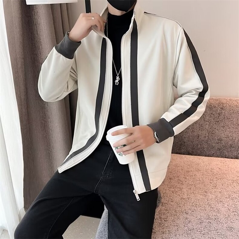 新款夹克男潮牌条纹拼色运动开衫外衣立领外套春秋季上衣 JK006图片