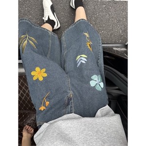 B221 美式ins高街宽松花朵刺绣七分牛仔裤短裤 LK25536-特P45控78图片