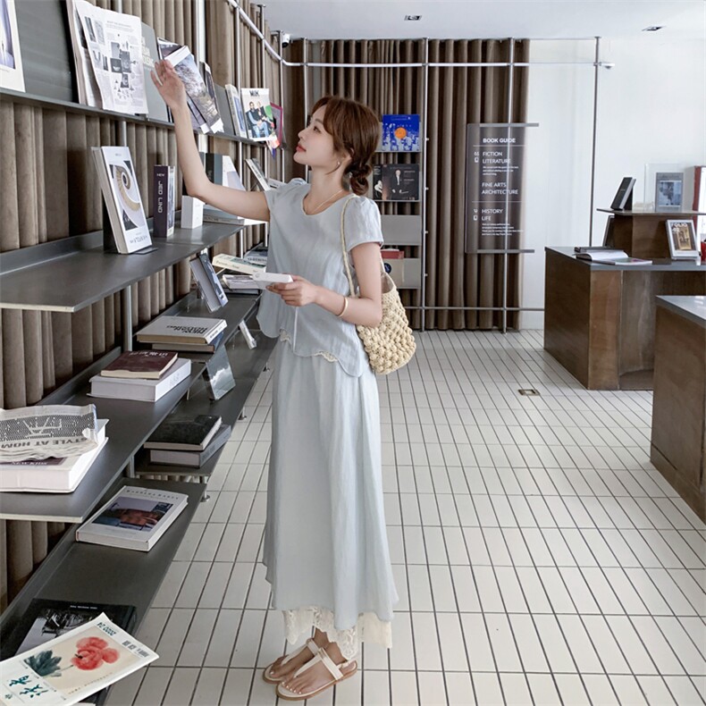 浅蓝色温柔风蕾丝拼接套装裙女2025年夏季新款超好看半身裙两件套,女装套装/套裙,2C279