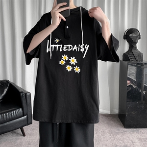 LD54068-P45 连帽短袖t恤男大码胖子带帽五分袖中袖图片